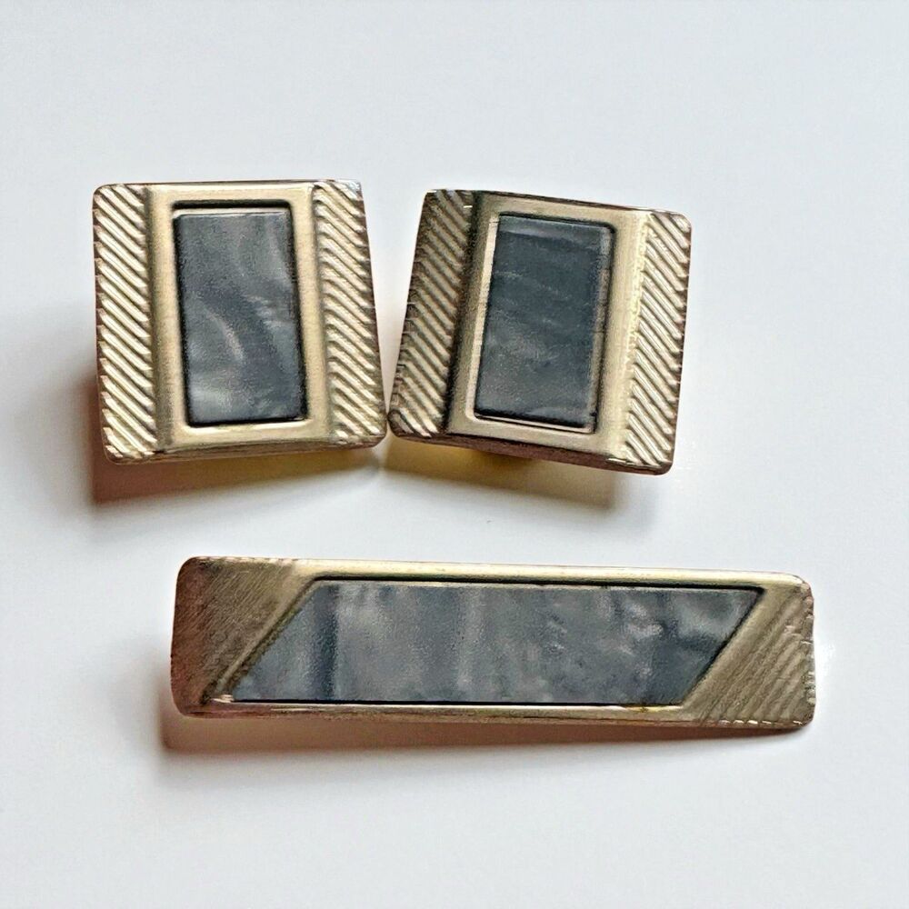 Vintage Gold Tone Cufflinks & Tie Clip Set Gray Inlay Rectangular Art Deco Look